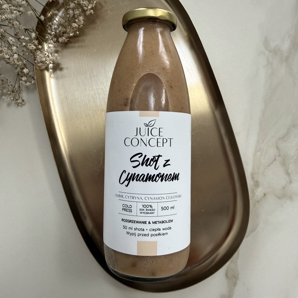 Shot z cynamonem cejlońskim Juice Concept 500 ml – świeżo wyciskany shot cold press z imbirem, cytryną i cynamonem cejlońskim