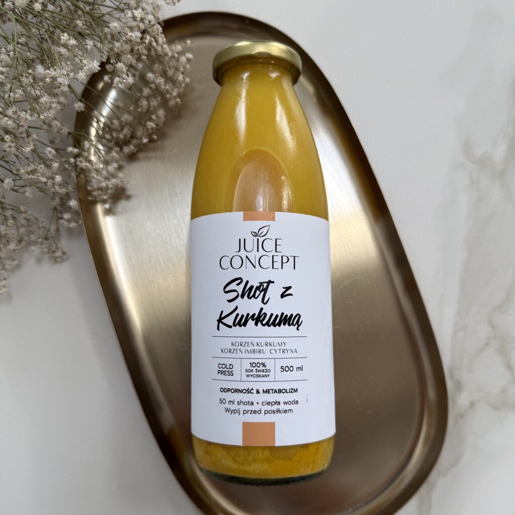 Shot z kurkumą Juice Concept 500 ml – świeżo wyciskany, niepasteryzowany shot cold press z korzenia kurkumy, imbiru i cytryny.